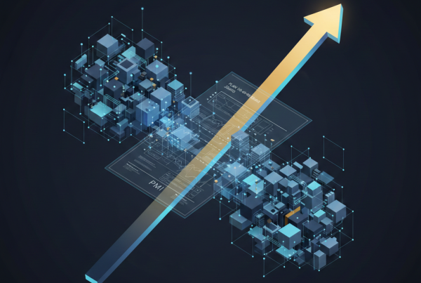Abstract corporate illustration, post-merger integration (PMI), complex geometry, upward growth arrow, master plan, value realization, 3D rendering, minimalist, dark blue.